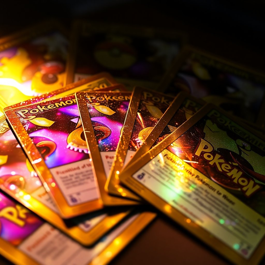 Pokemon trading cards with foil gleaming